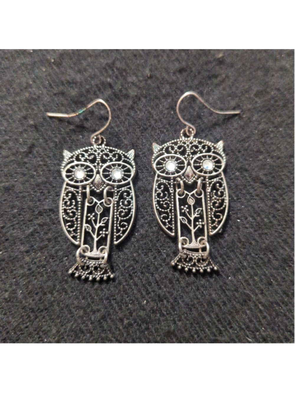 Silver Tone Filagree Clear Rhinestone Wiggle Owl Statement Earrings